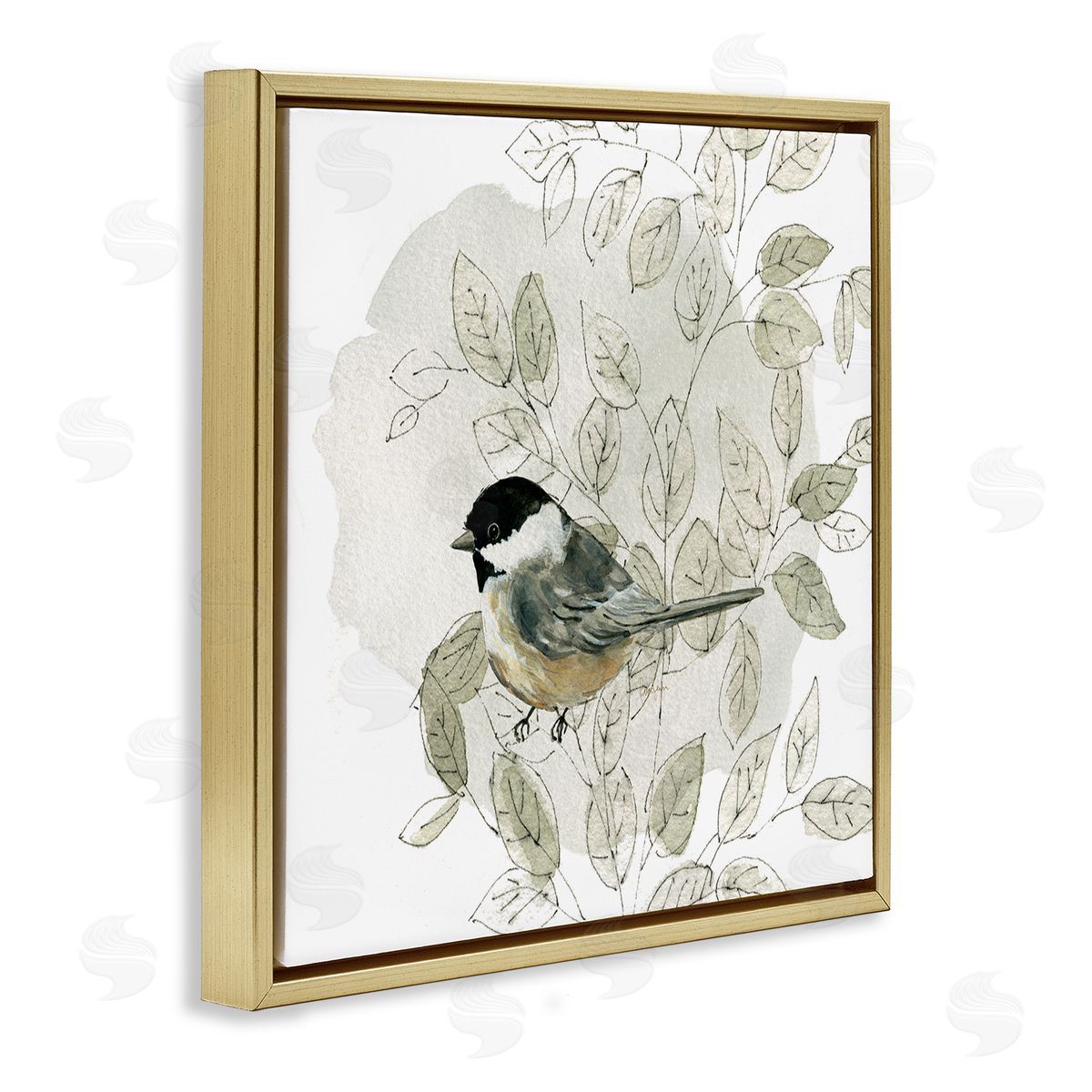 Livi Finn Bird Perched Soft Cottage Plant Gold Floating Frame Canvas Wall Art Print