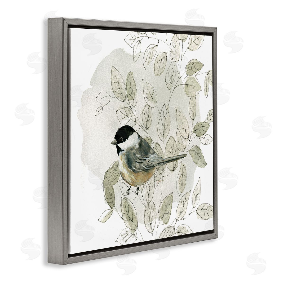 Livi Finn Bird Perched Soft Cottage Plant Gray Floating Frame Canvas Wall Art Print