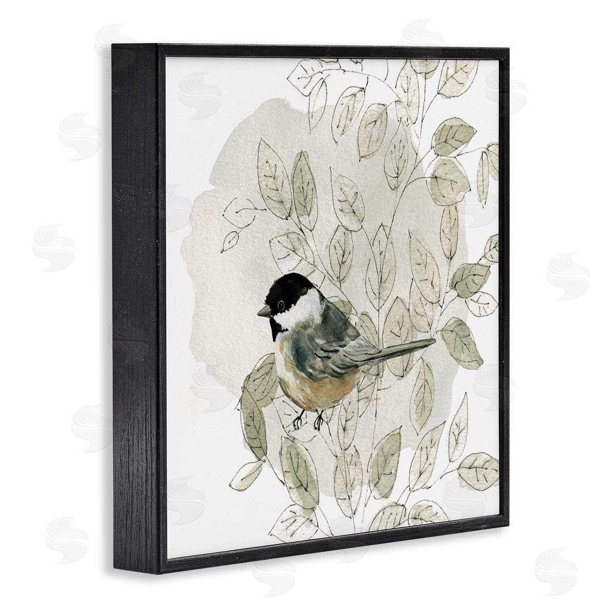 Livi Finn Bird Perched Soft Cottage Plant Black Framed Glicee Wall Art Print
