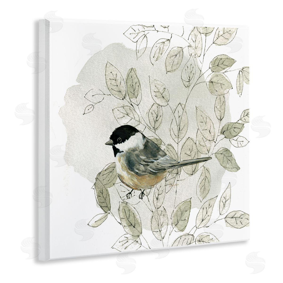 Livi Finn Bird Perched Soft Cottage Plant Wooden Wall Plaque Art Print