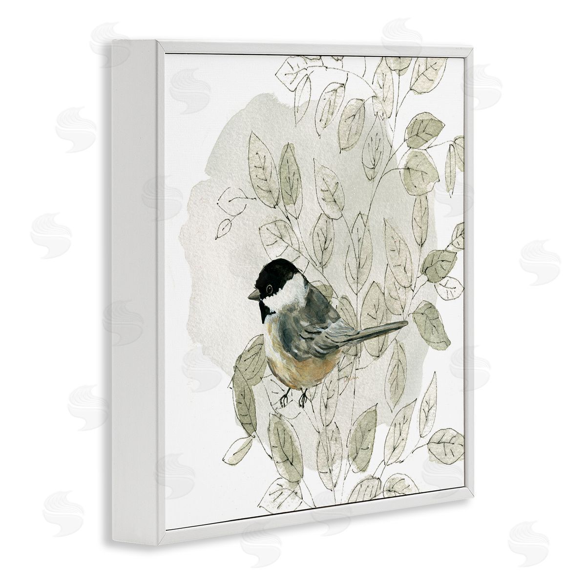 Livi Finn Bird Perched Soft Cottage Plant White Framed Glicee Wall Art Print