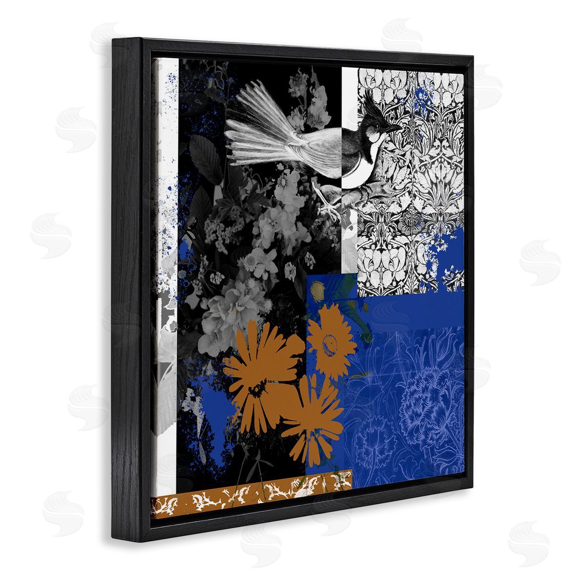 Melissa Wang Damask Patterned Jay Bird Collage Black Floating Frame Canvas Wall Art Print