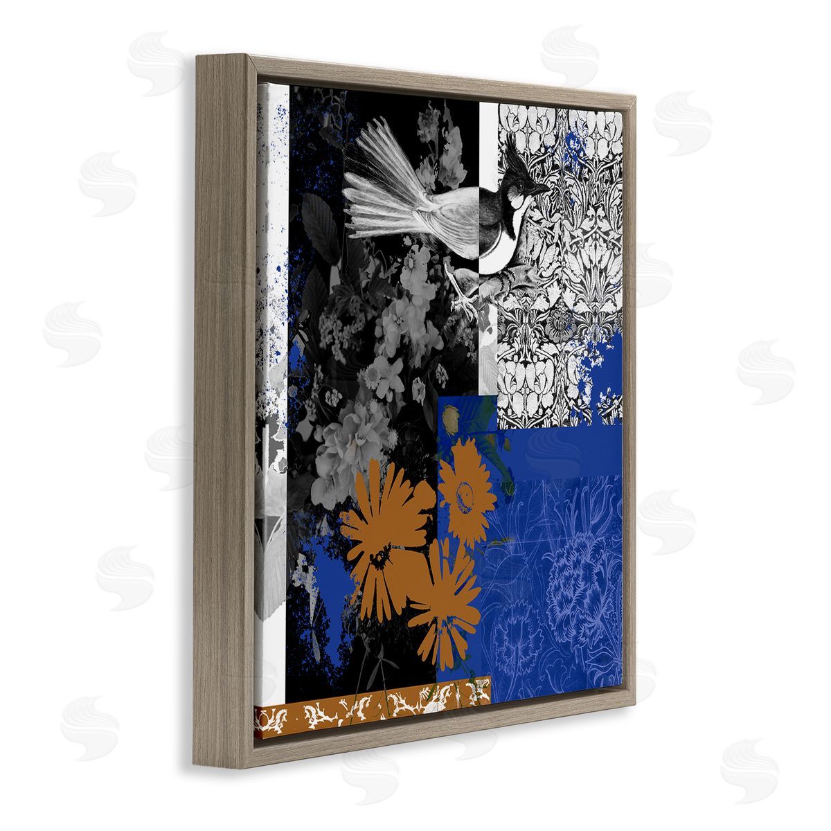 Melissa Wang Damask Patterned Jay Bird Collage Brown Floating Frame Canvas Wall Art Print