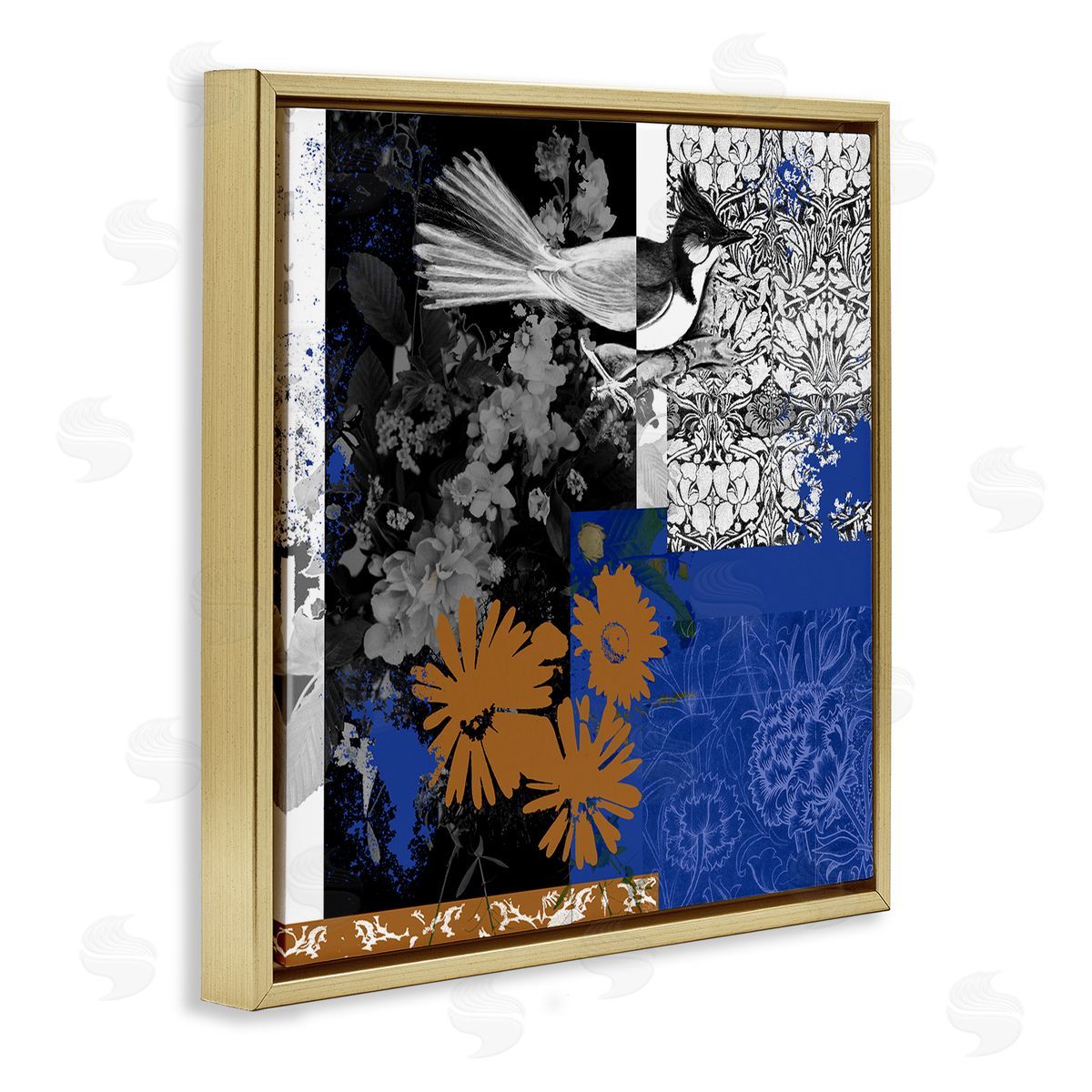 Melissa Wang Damask Patterned Jay Bird Collage Gold Floating Frame Canvas Wall Art Print