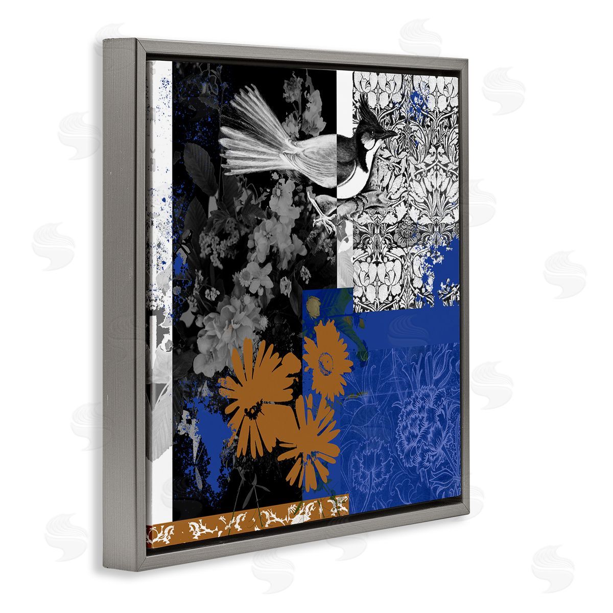 Melissa Wang Damask Patterned Jay Bird Collage Gray Floating Frame Canvas Wall Art Print