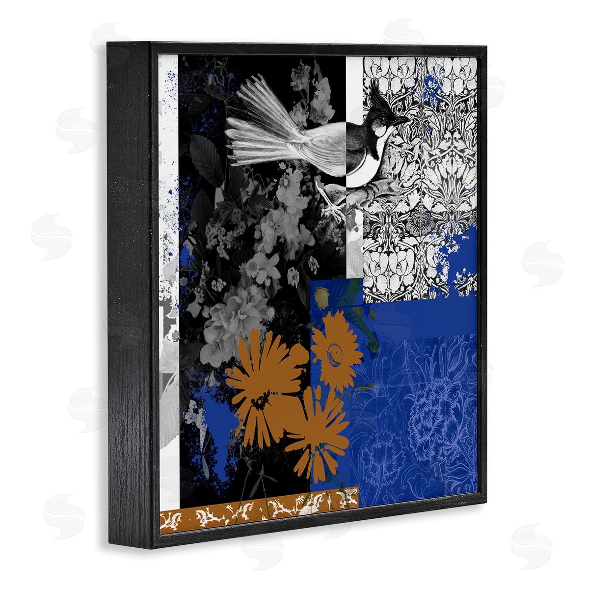 Melissa Wang Damask Patterned Jay Bird Collage Black Framed Glicee Wall Art Print