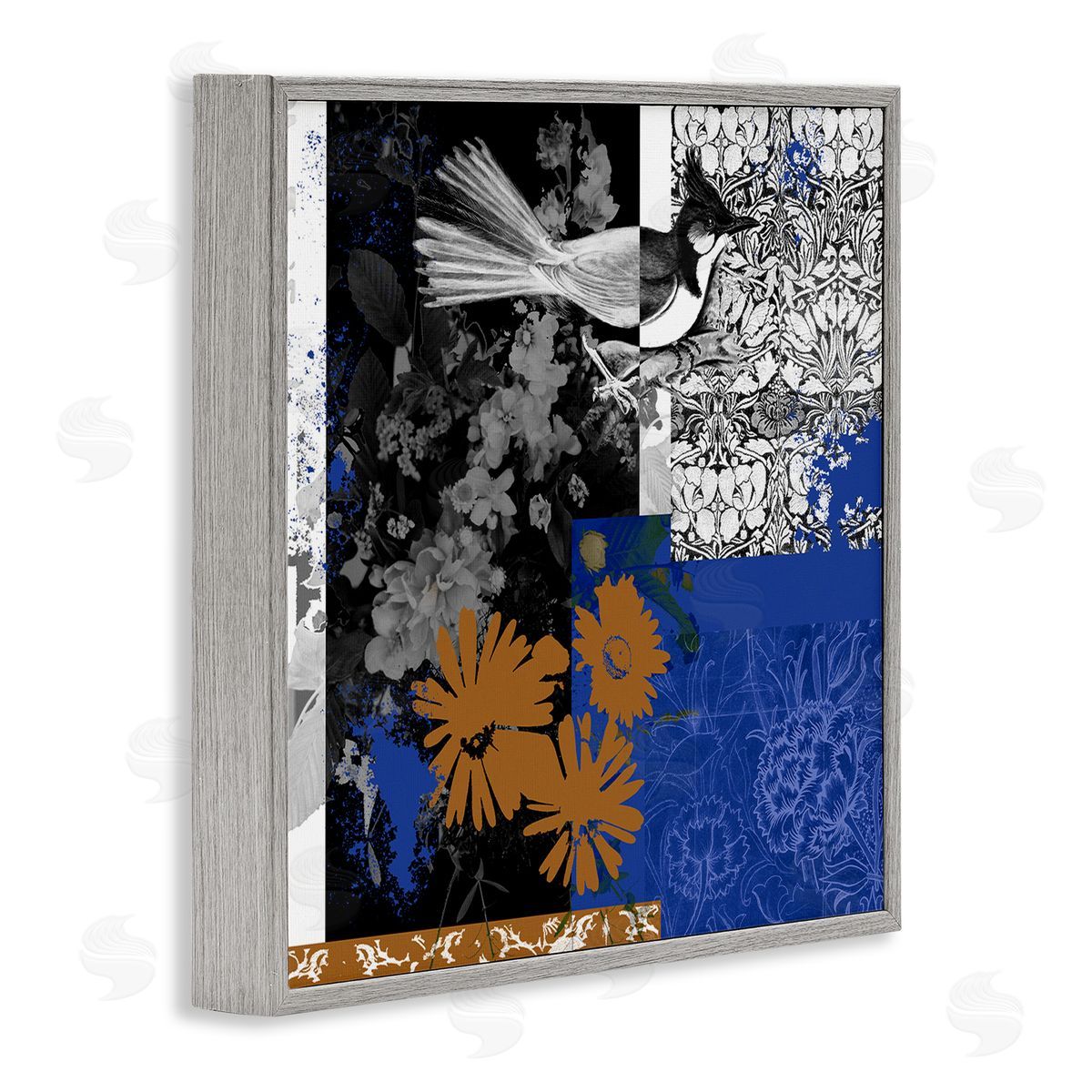 Melissa Wang Damask Patterned Jay Bird Collage Gray Framed Glicee Wall Art Print