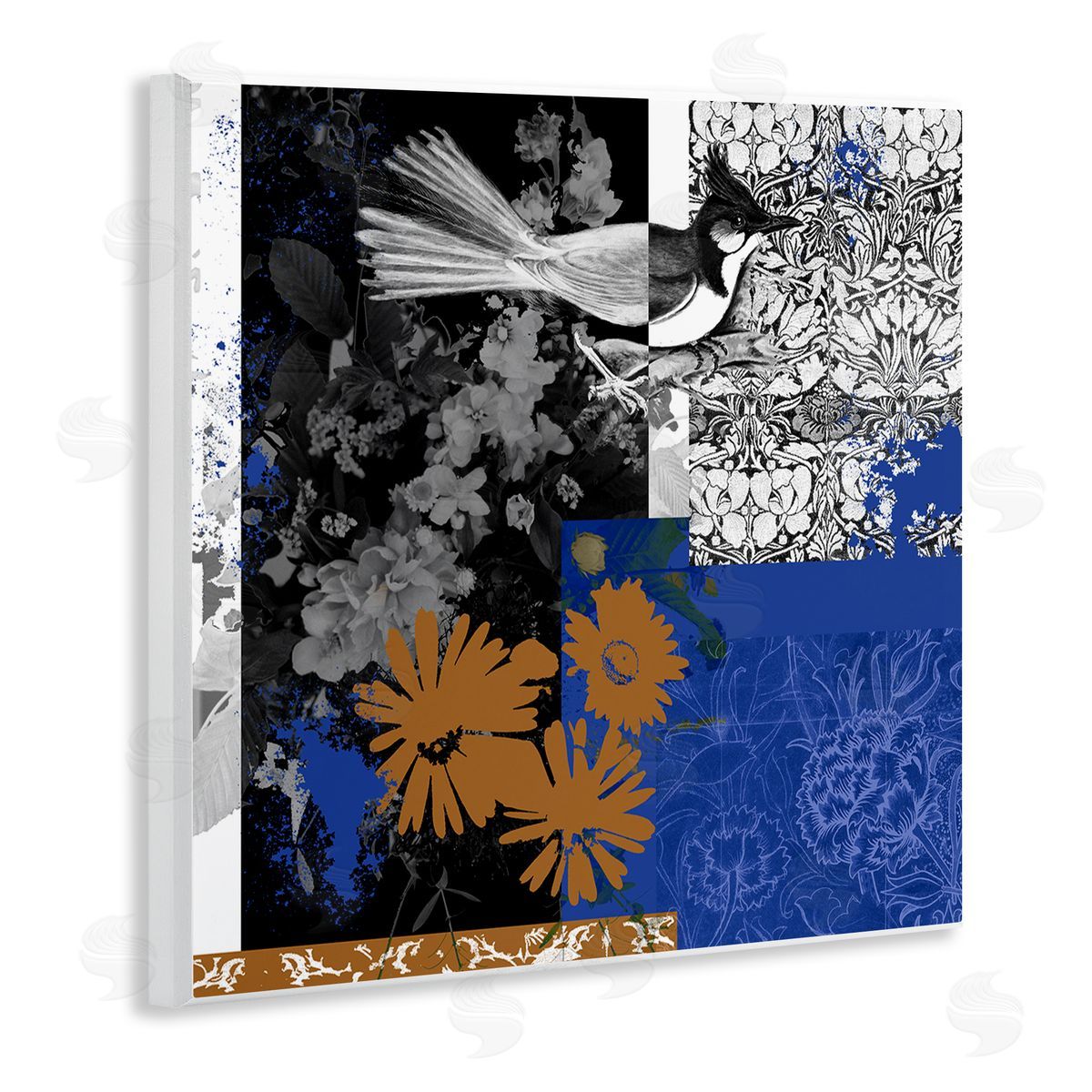 Melissa Wang Damask Patterned Jay Bird Collage Wooden Wall Plaque Art Print