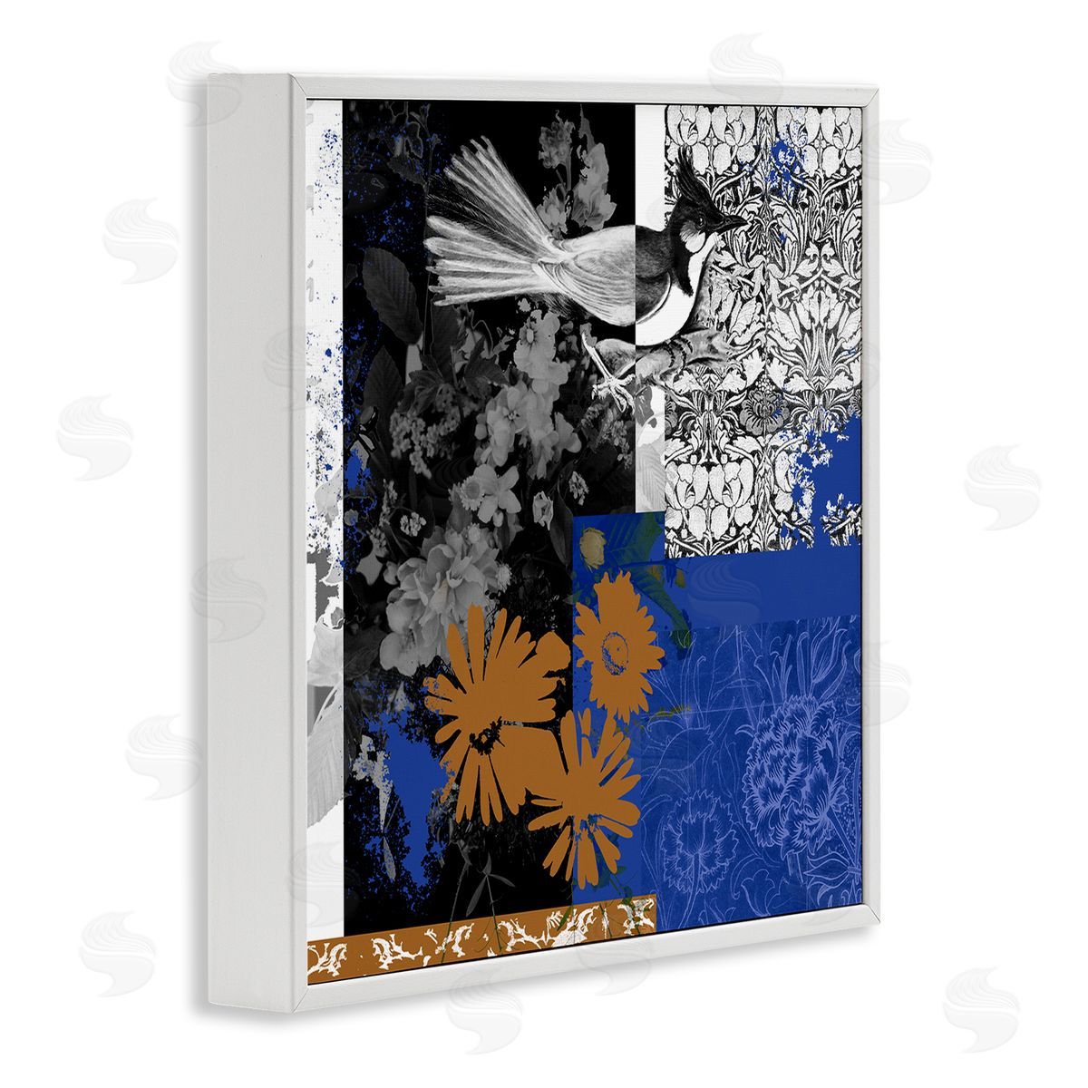 Melissa Wang Damask Patterned Jay Bird Collage White Framed Glicee Wall Art Print