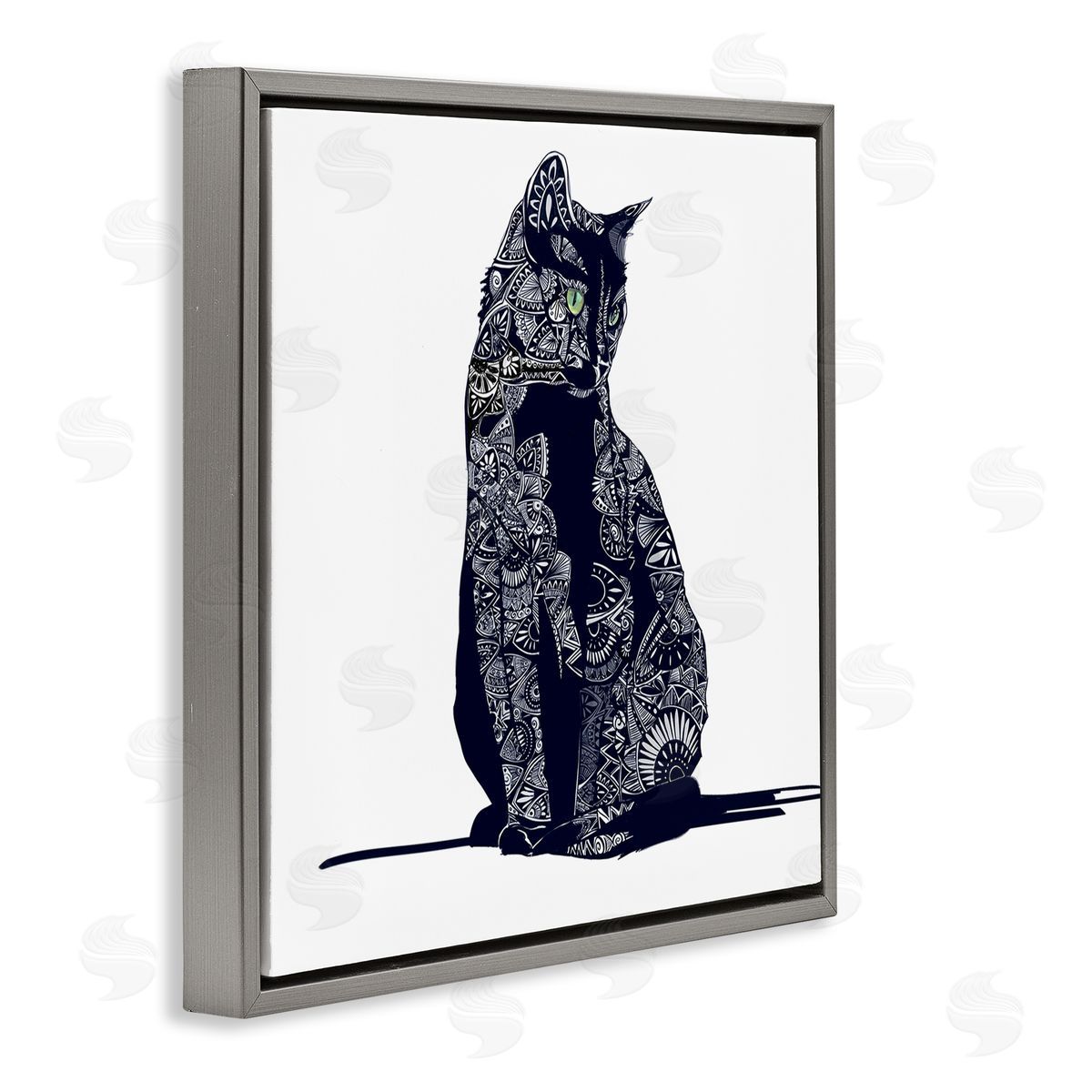 Emily Kalina Fractal Patterned Black Cat Gray Floating Frame Canvas Wall Art Print