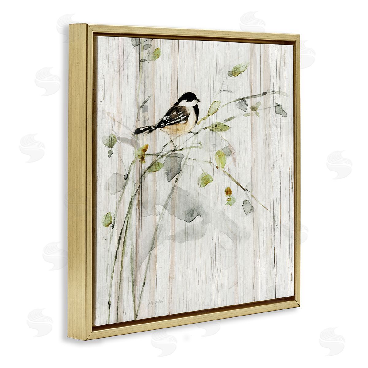 Danita Delimont Bird Perched Birch Pattern Gold Floating Frame Canvas Wall Art Print