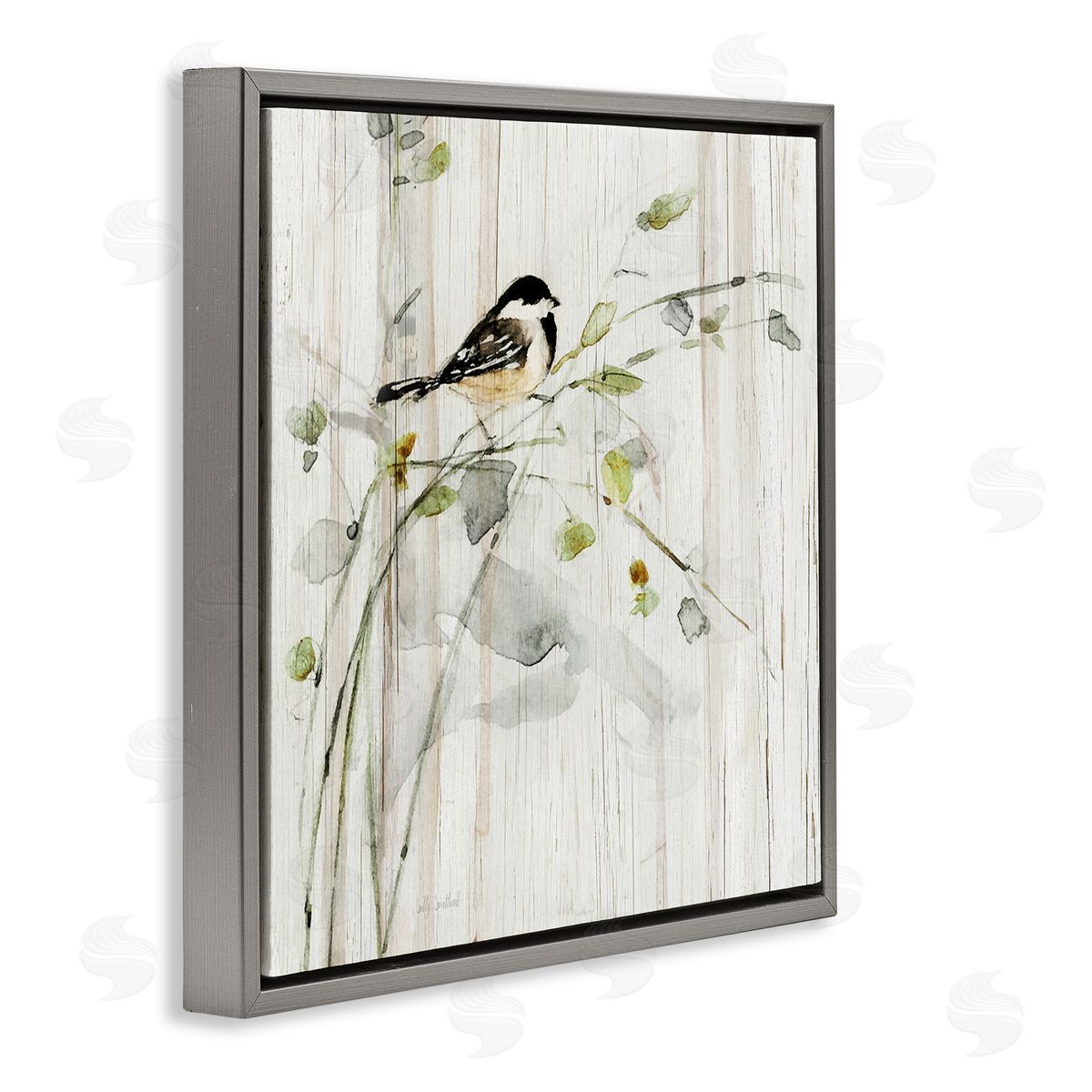 Danita Delimont Bird Perched Birch Pattern Gray Floating Frame Canvas Wall Art Print