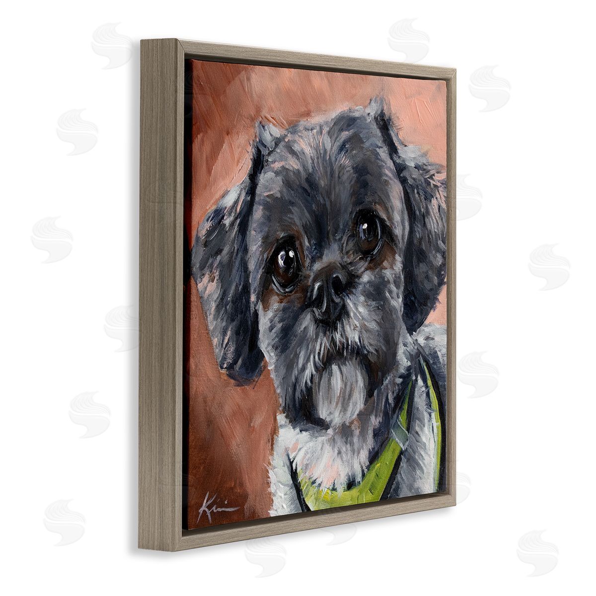 Black Shih Tzu Dog Portrait Brown Floating Frame Canvas Wall Art, Home Decor by Lindsay Kivi Fine Art