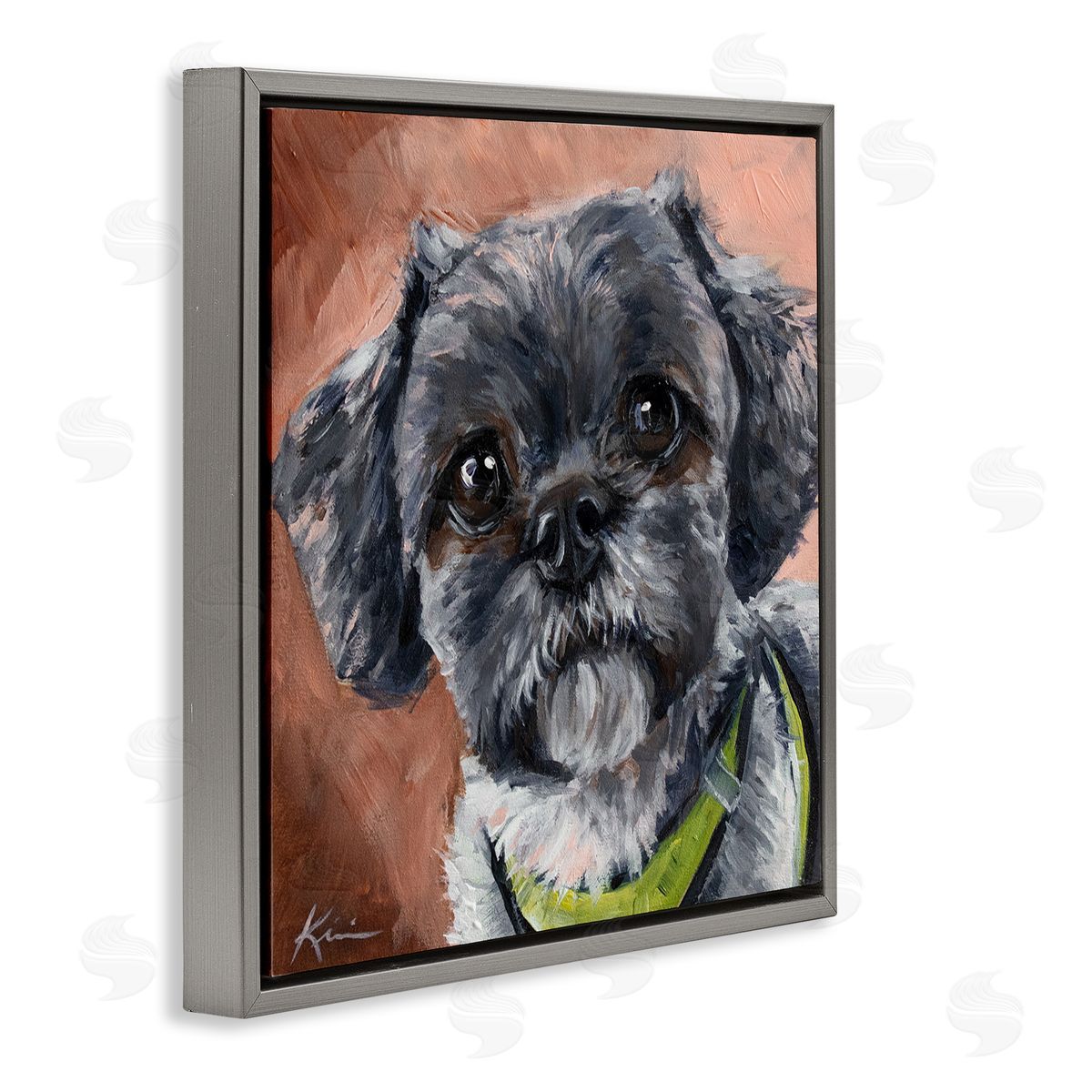Black Shih Tzu Dog Portrait Grey Floating Frame Canvas Wall Art, Home Decor by Lindsay Kivi Fine Art