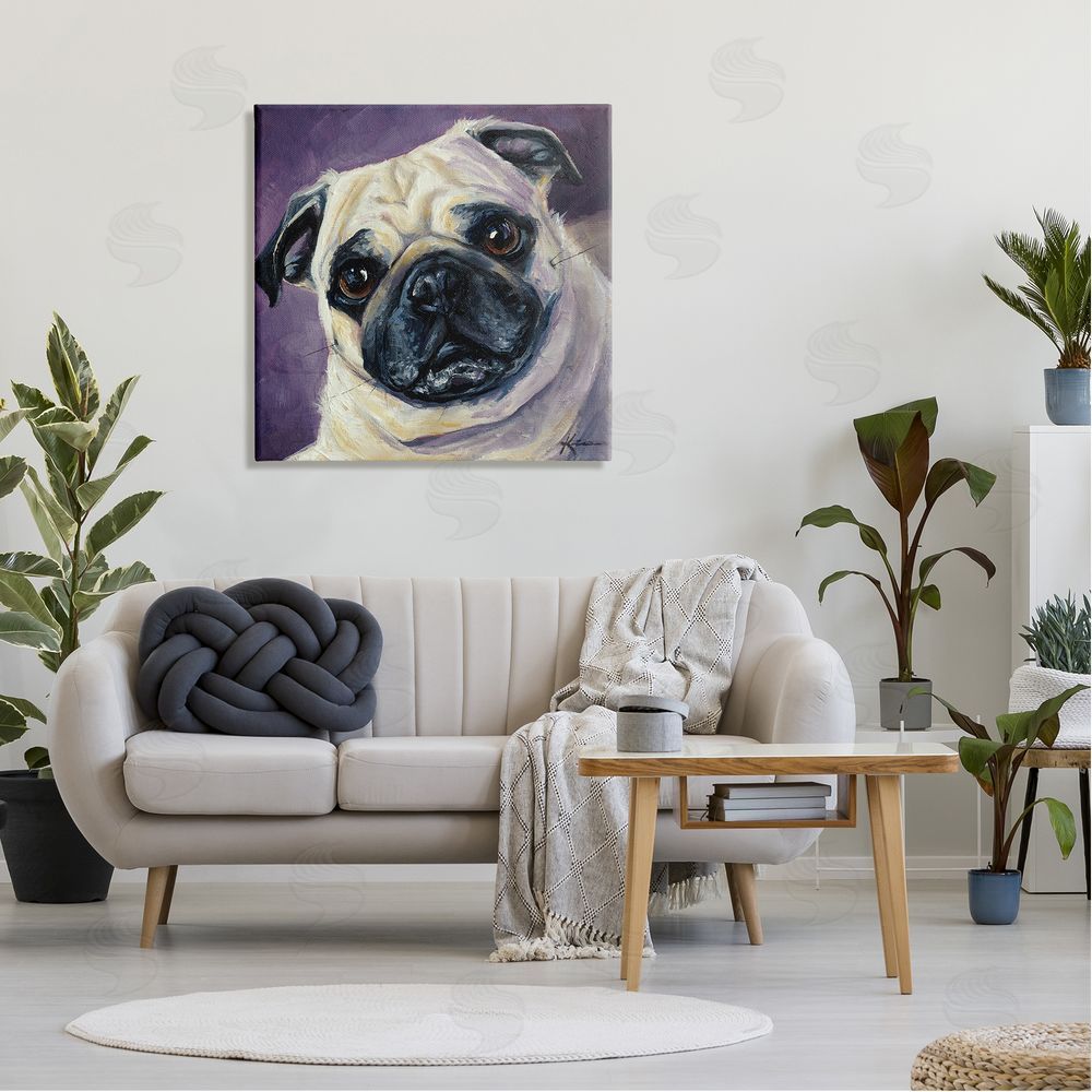 Lindsay Kivi Fine Art Purple Pug Face Portrait Canvas Wall Art in Room