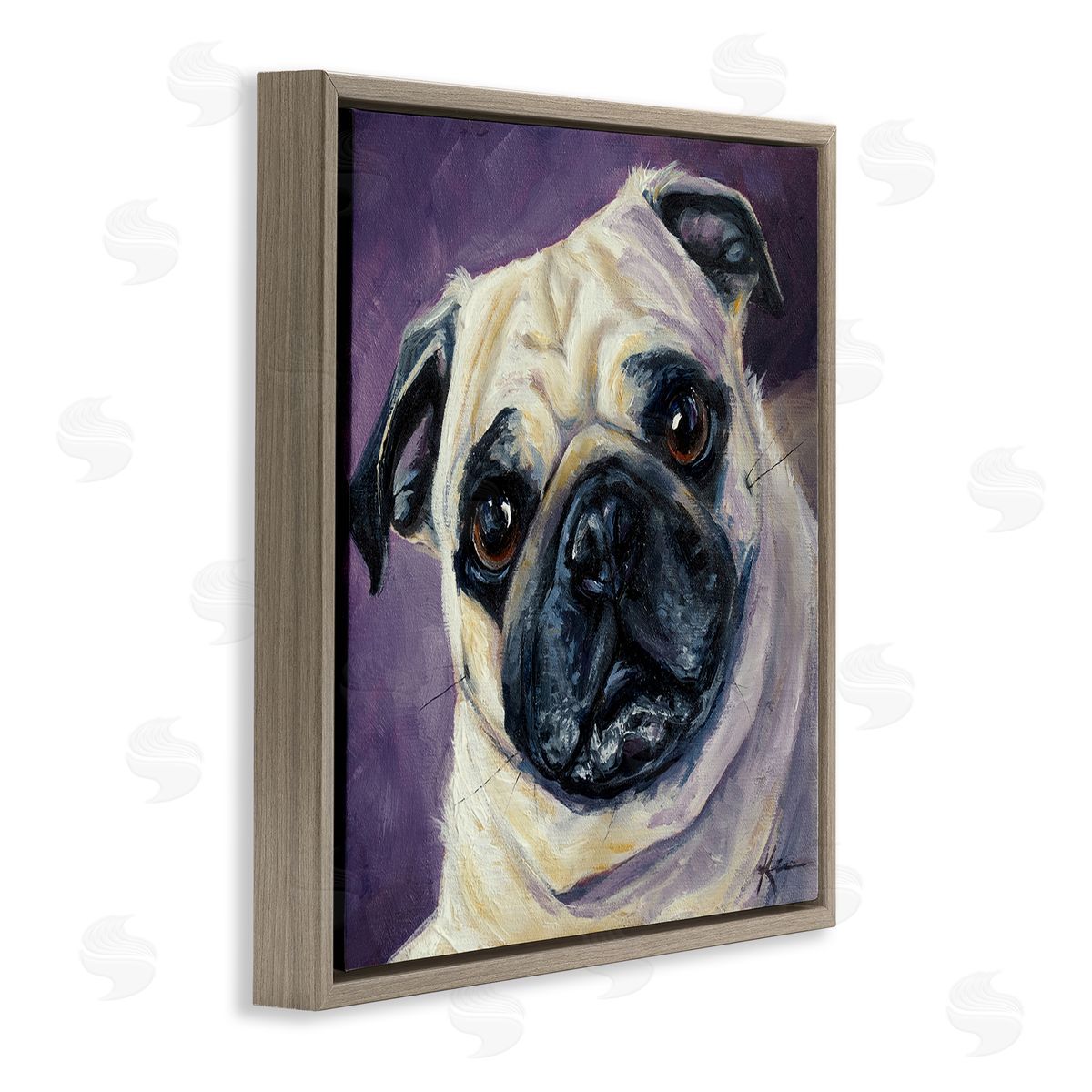 Lindsay Kivi Fine Art Purple Pug Face Portrait Brown Floating Frame Canvas Wall Art Print