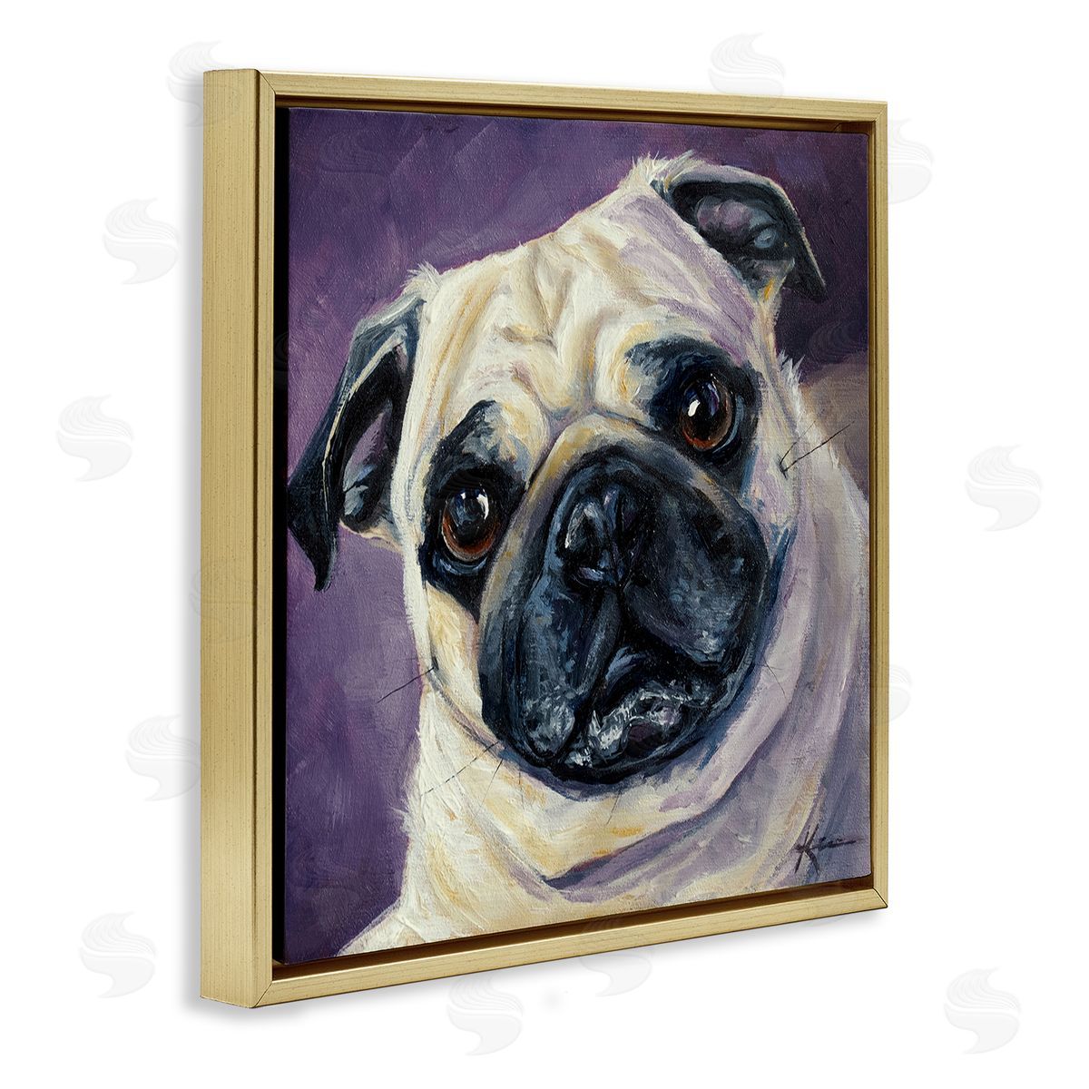 Lindsay Kivi Fine Art Purple Pug Face Portrait Gold Floating Frame Canvas Wall Art Print