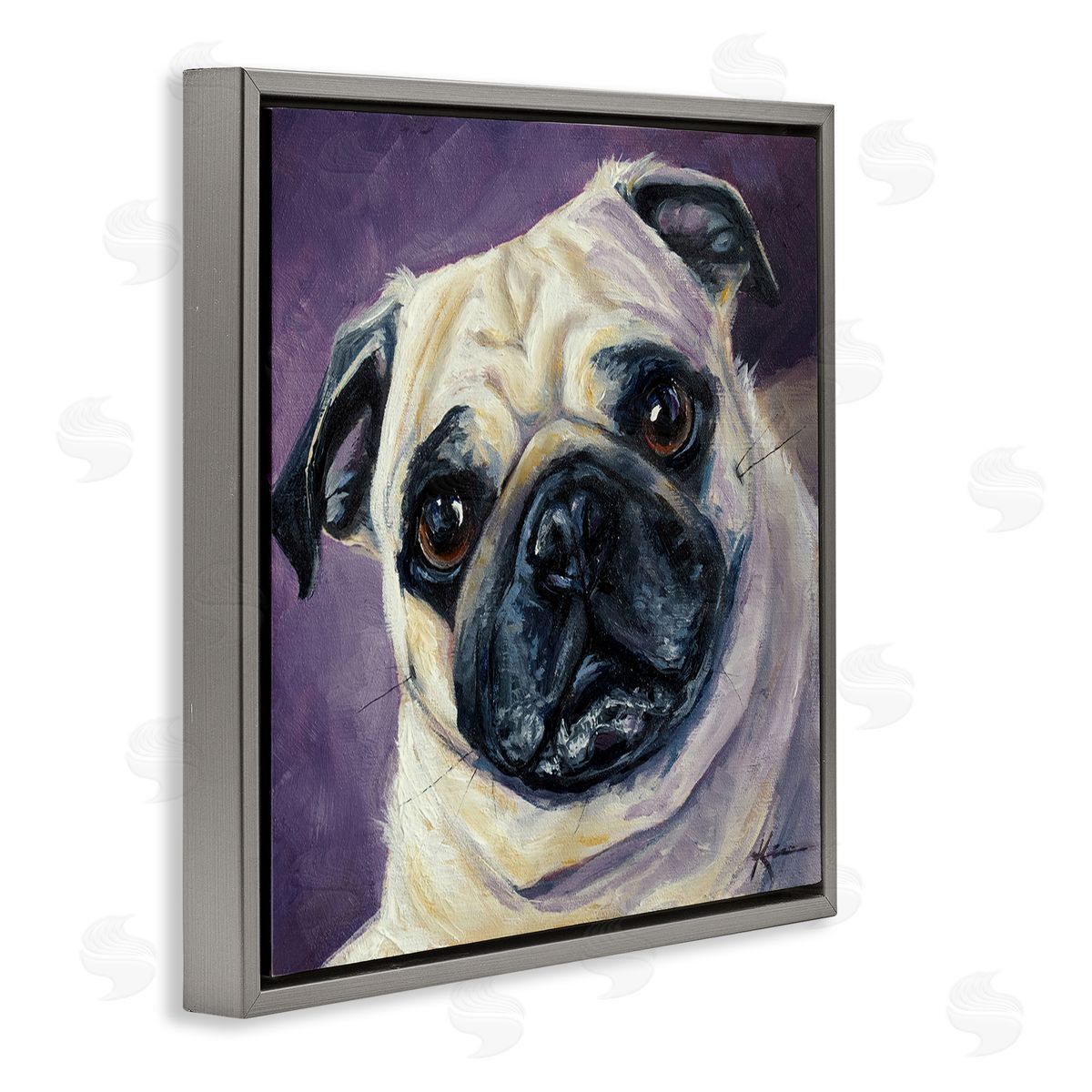 Lindsay Kivi Fine Art Purple Pug Face Portrait Gray Floating Frame Canvas Wall Art Print