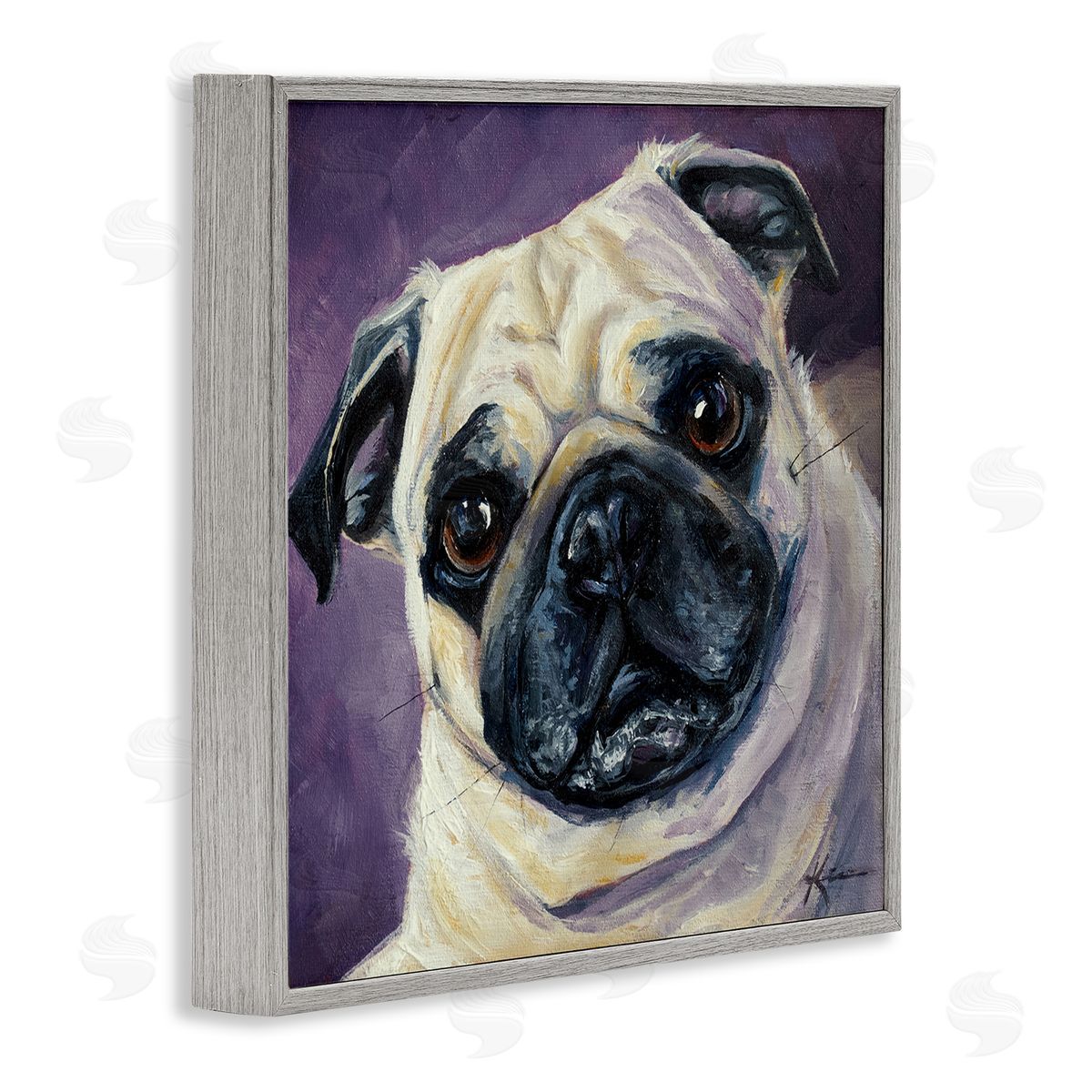 Lindsay Kivi Fine Art Purple Pug Face Portrait Gray Framed Glicee Wall Art Print