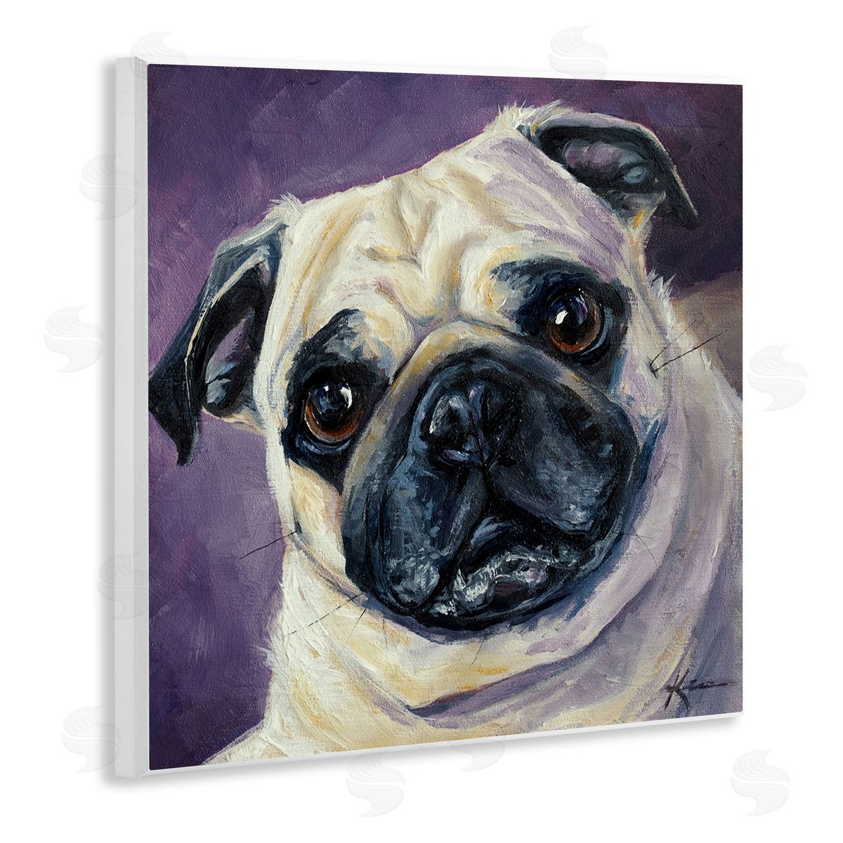 Lindsay Kivi Fine Art Purple Pug Face Portrait Wooden Wall Plaque Art Print