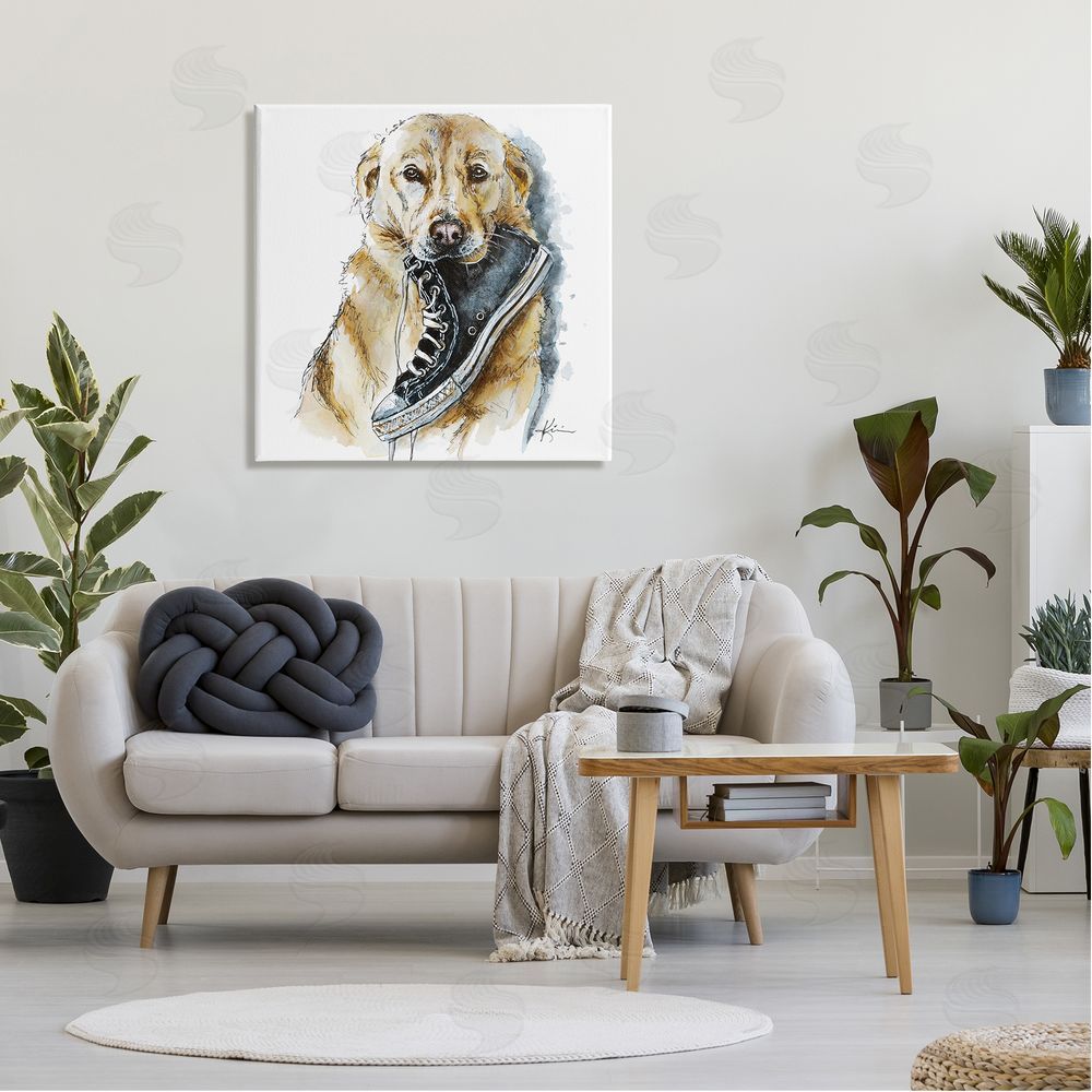 Lindsay Kivi Fine Art Golden Retriever Biting Sneaker Canvas Wall Art in Room