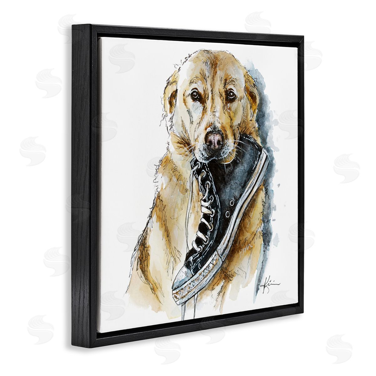 Lindsay Kivi Fine Art Golden Retriever Biting Sneaker Black Floating Frame Canvas Wall Art Print