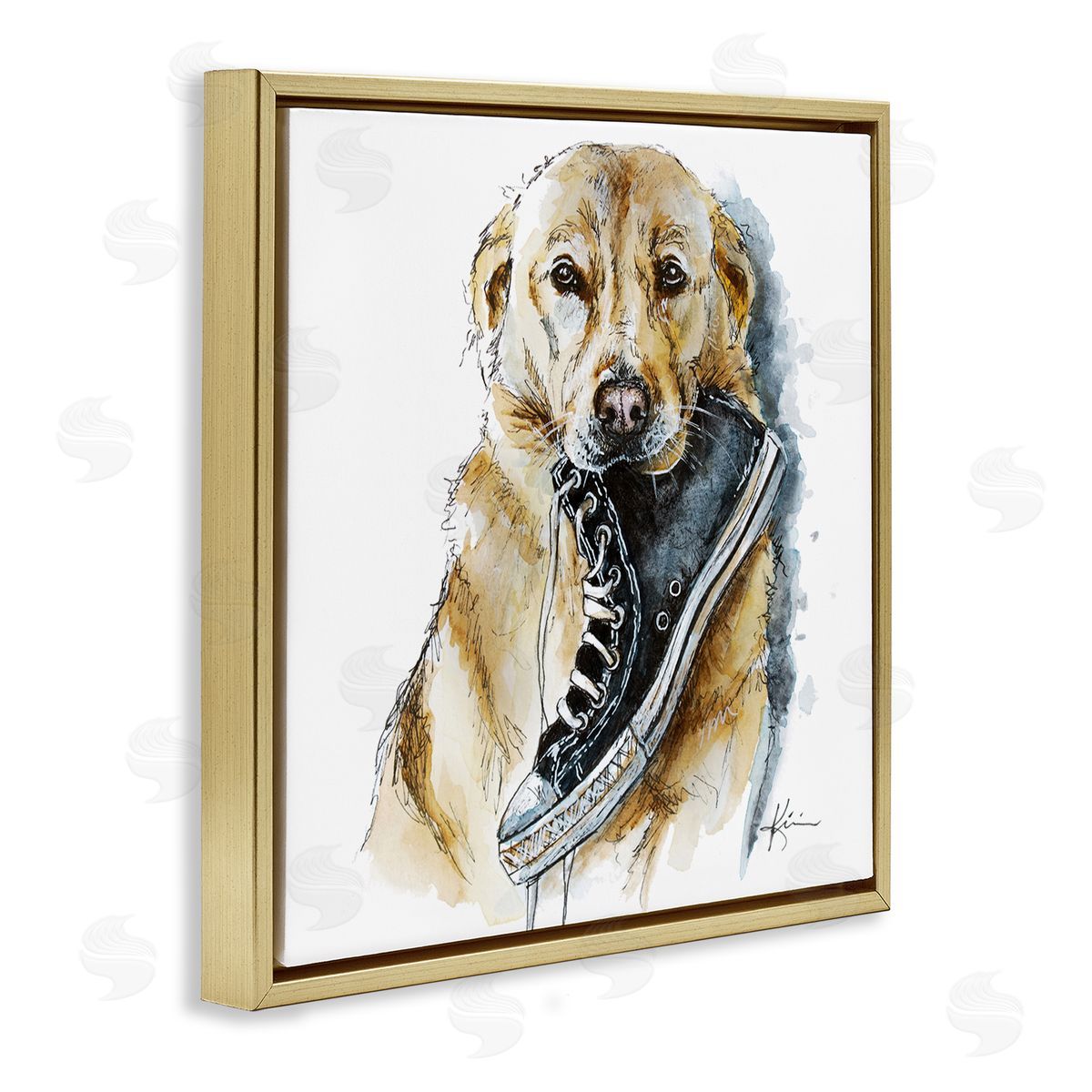 Lindsay Kivi Fine Art Golden Retriever Biting Sneaker Gold Floating Frame Canvas Wall Art Print