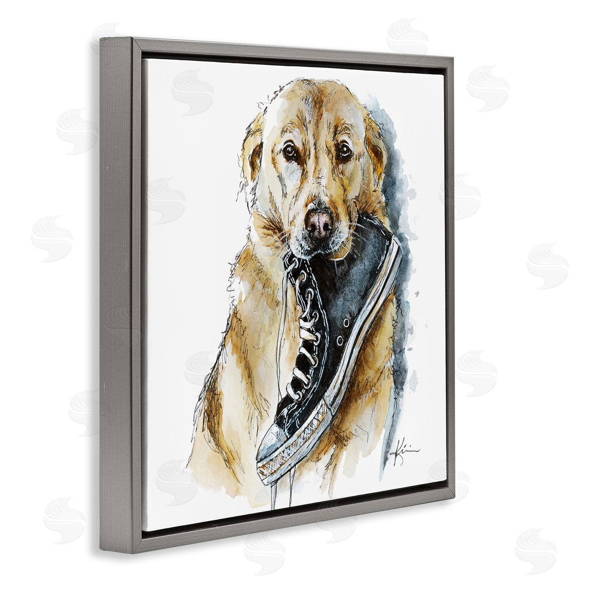 Lindsay Kivi Fine Art Golden Retriever Biting Sneaker Gray Floating Frame Canvas Wall Art Print