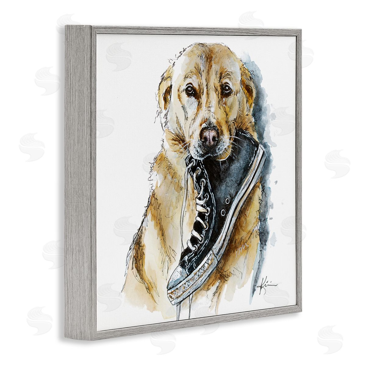 Lindsay Kivi Fine Art Golden Retriever Biting Sneaker Gray Framed Glicee Wall Art Print