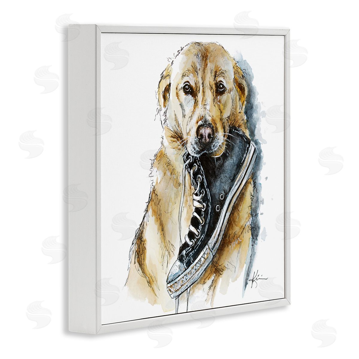 Lindsay Kivi Fine Art Golden Retriever Biting Sneaker White Framed Glicee Wall Art Print