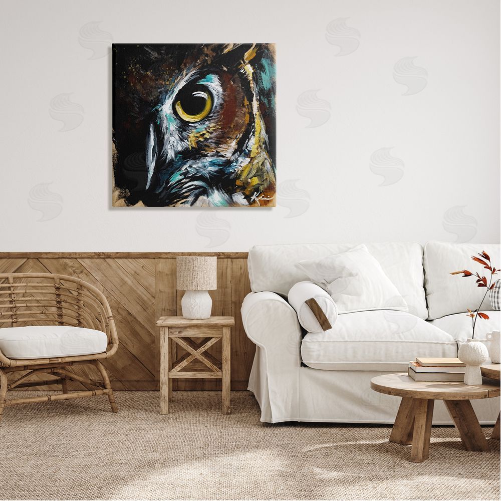 Lindsay Kivi Fine Art Intense Owl Eye Portrait Wildlife Canvas Wall Art in Room