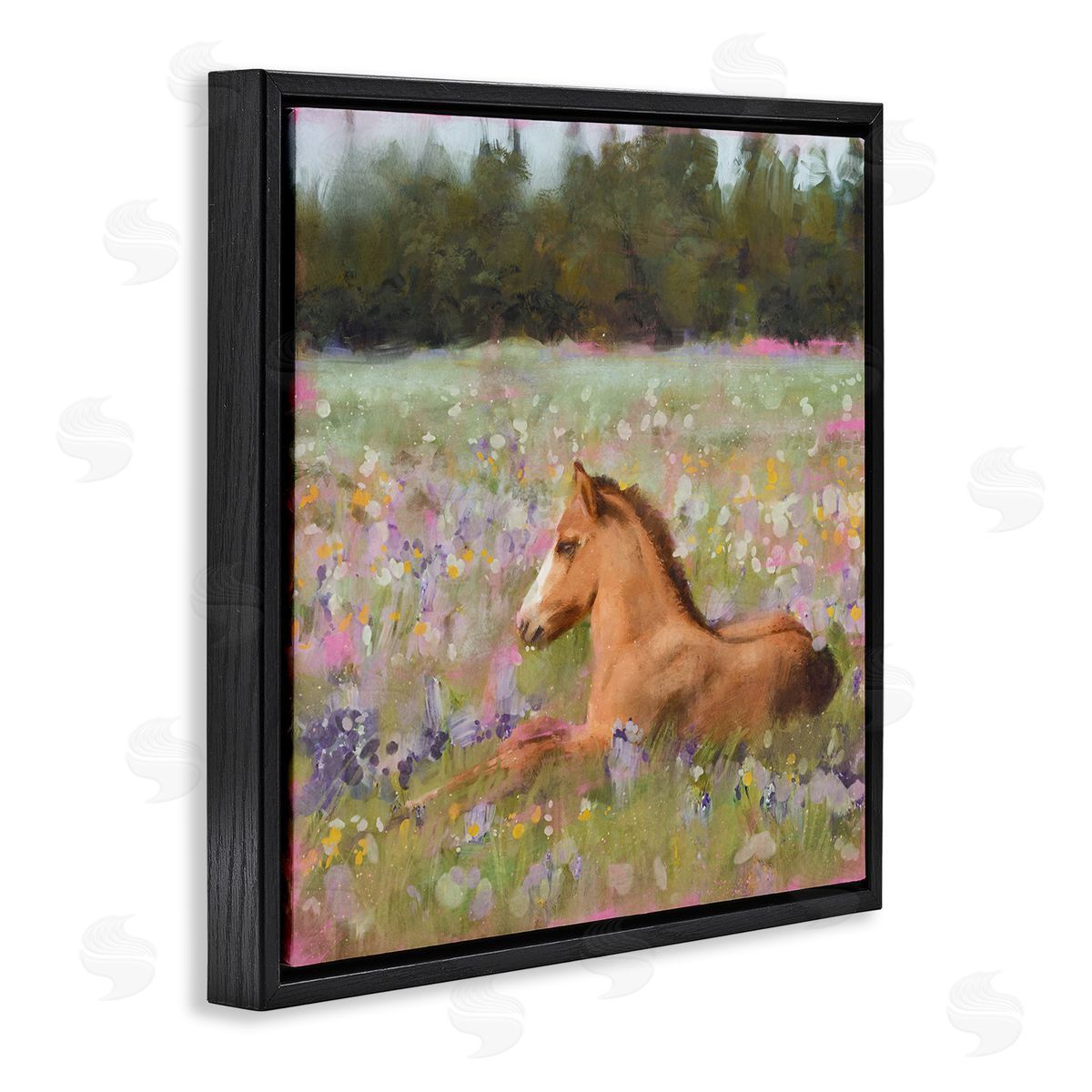 Foal Horse Lounging Flower Meadow Black Floating Frame Canvas Wall Art, Home Decor by Nina Blue