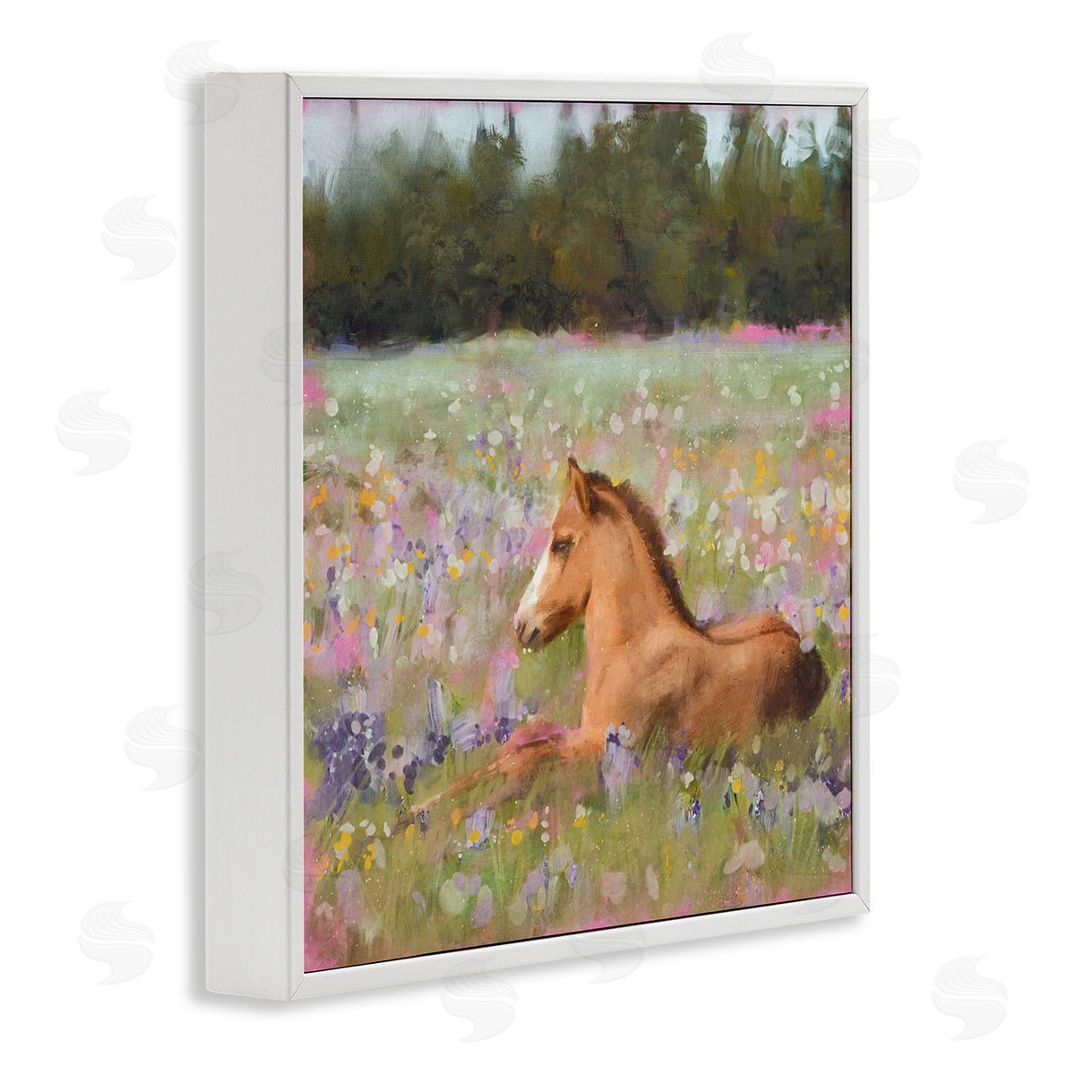Foal Horse Lounging Flower Meadow White Frame Print Wall Art, Home Decor by Nina Blue