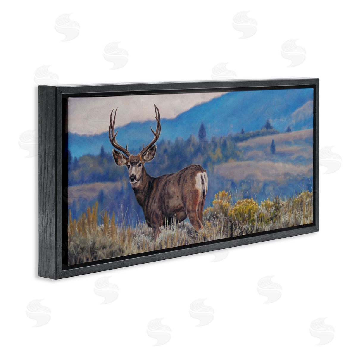 David Graham Elk Wildlife Mountain Landscape Black Floating Frame Canvas Wall Art Print