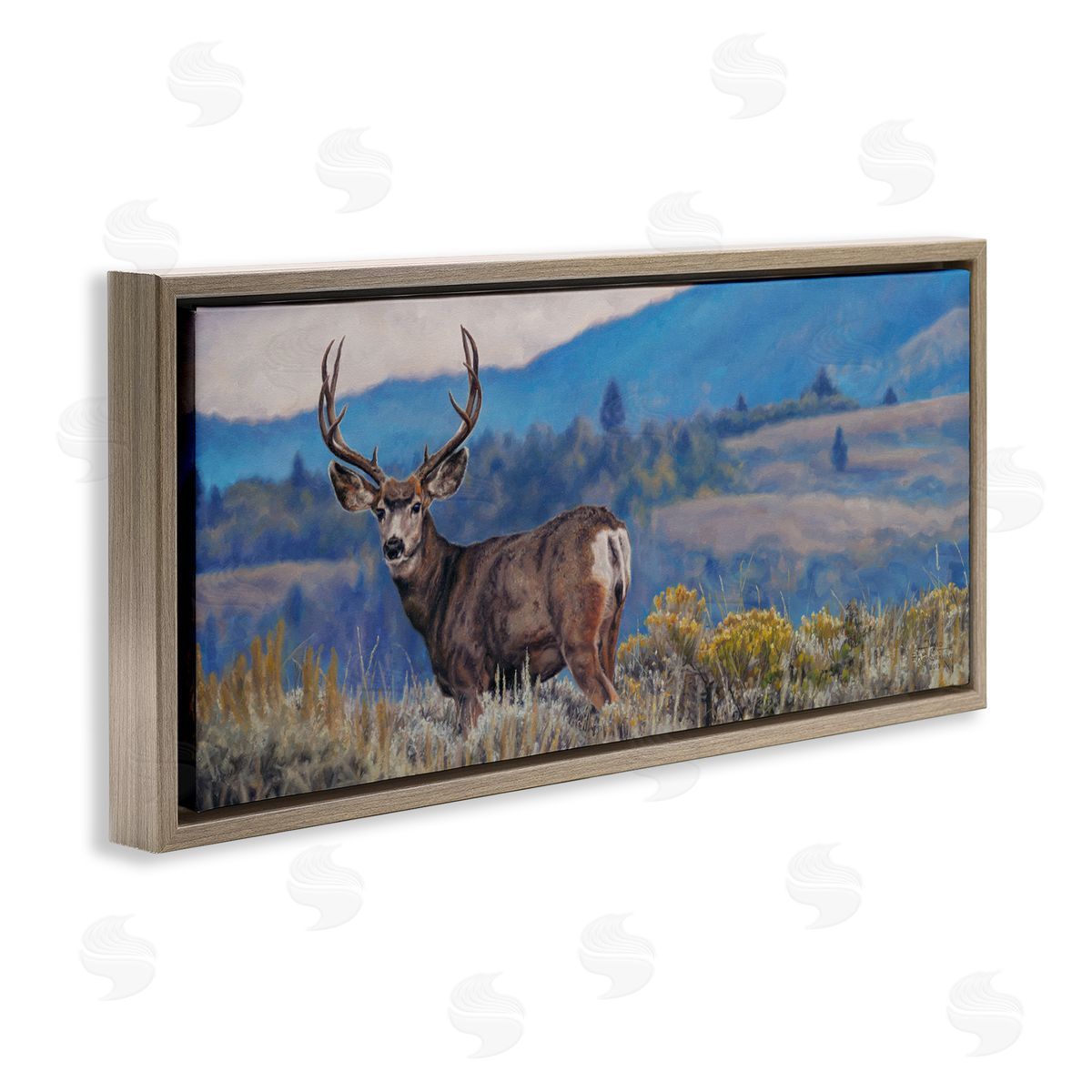 David Graham Elk Wildlife Mountain Landscape Brown Floating Frame Canvas Wall Art Print