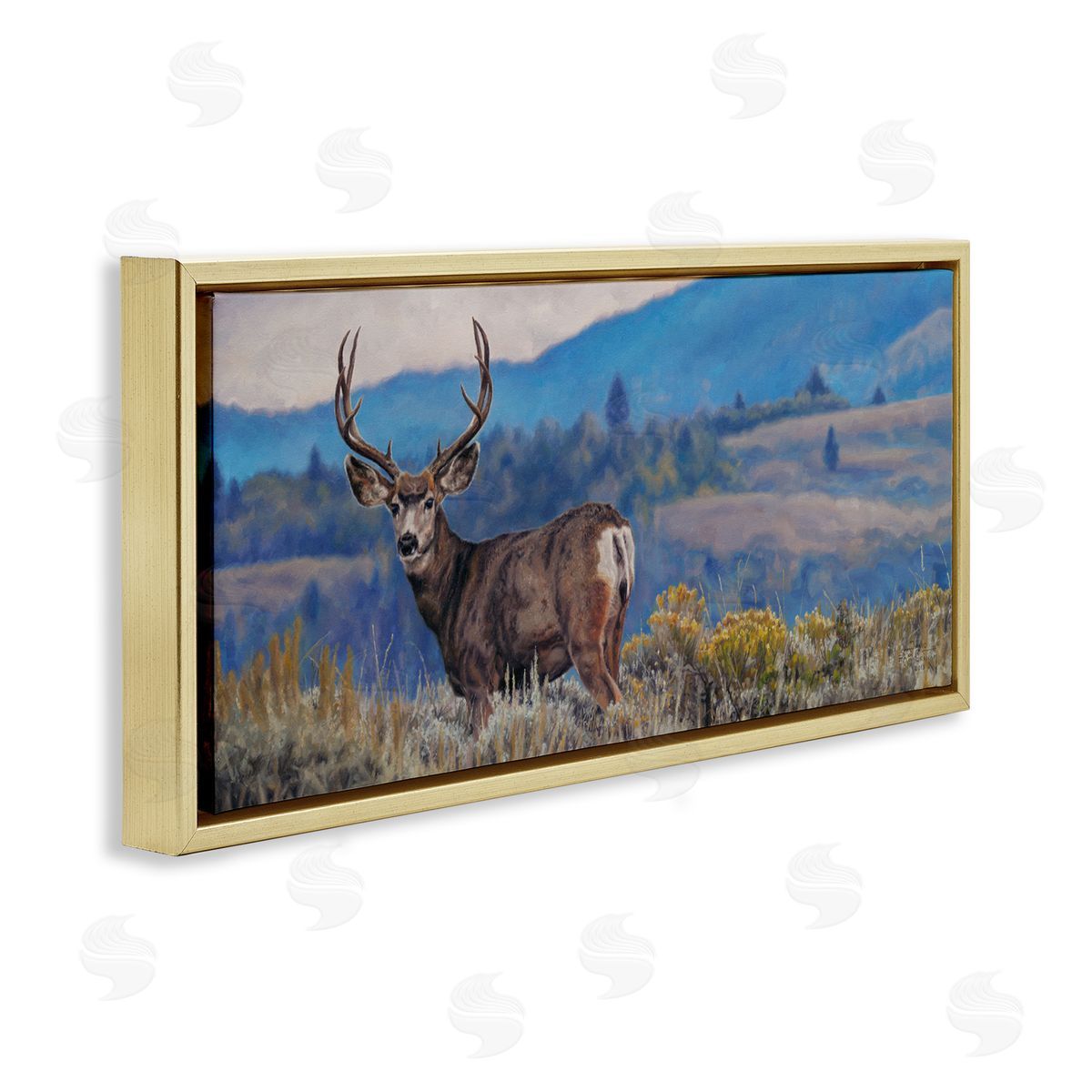 David Graham Elk Wildlife Mountain Landscape Gold Floating Frame Canvas Wall Art Print