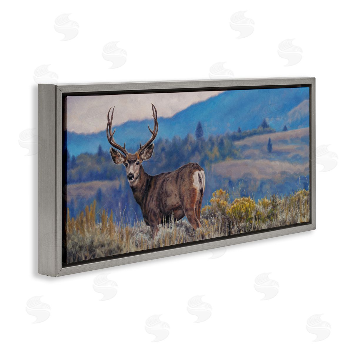 David Graham Elk Wildlife Mountain Landscape Gray Floating Frame Canvas Wall Art Print