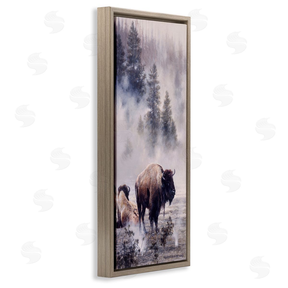 Matthew Hillier Bison Foggy Woodland Nature Brown Floating Frame Canvas Wall Art Print