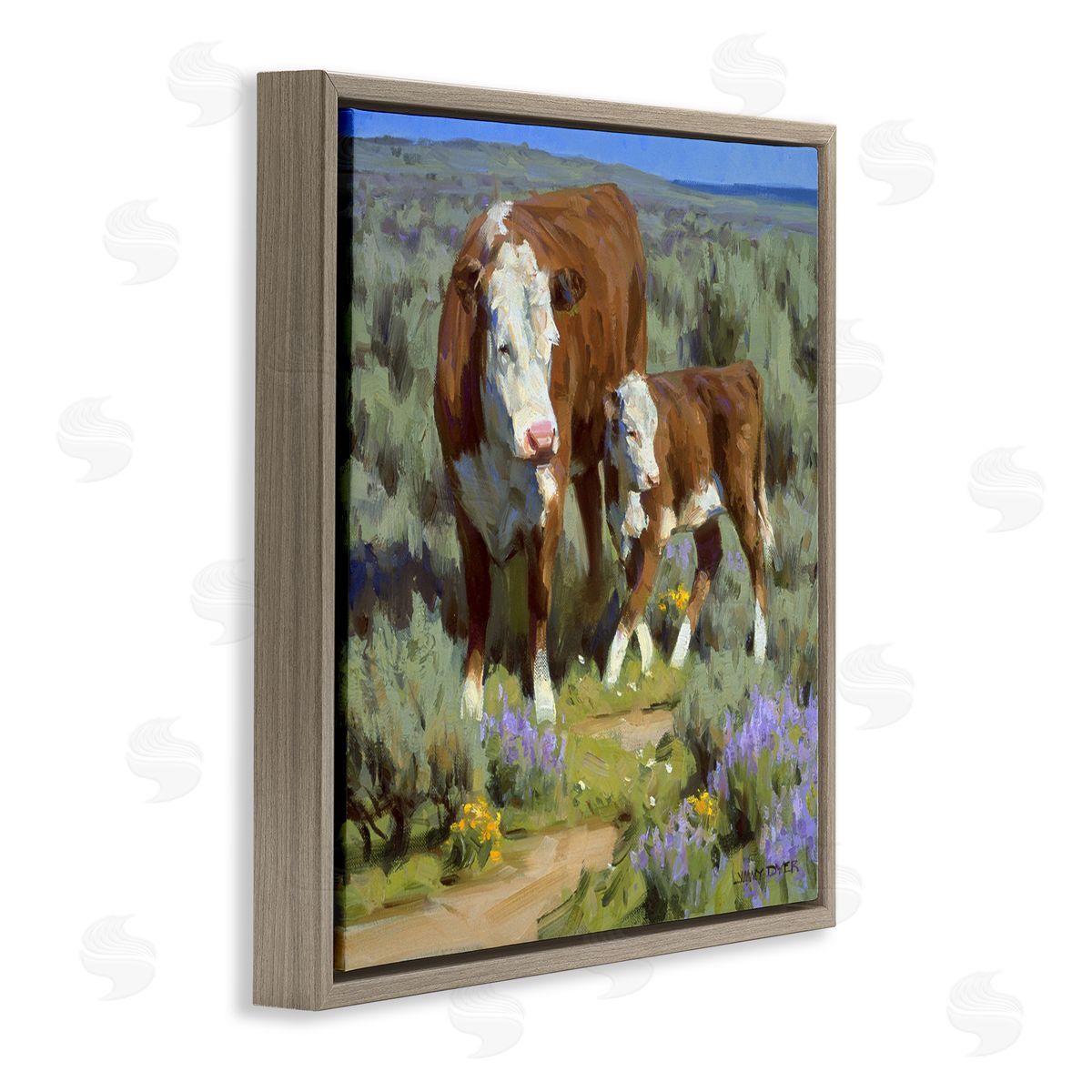 Jimmy Dyer Cattle In Lush Countryside Pasture Brown Floating Frame Canvas Wall Art Print