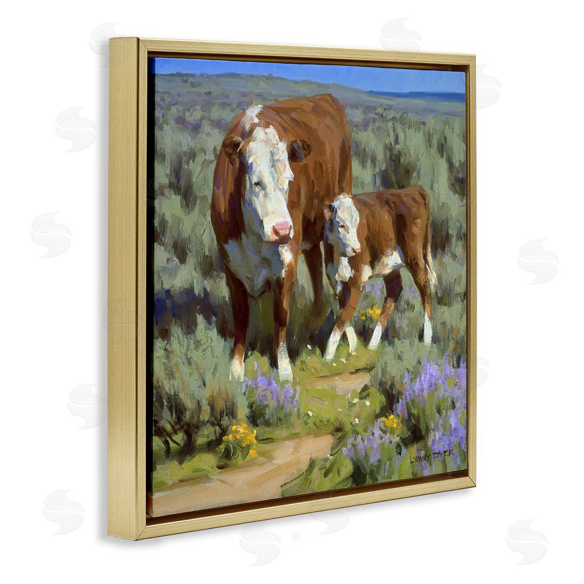 Jimmy Dyer Cattle In Lush Countryside Pasture Gold Floating Frame Canvas Wall Art Print