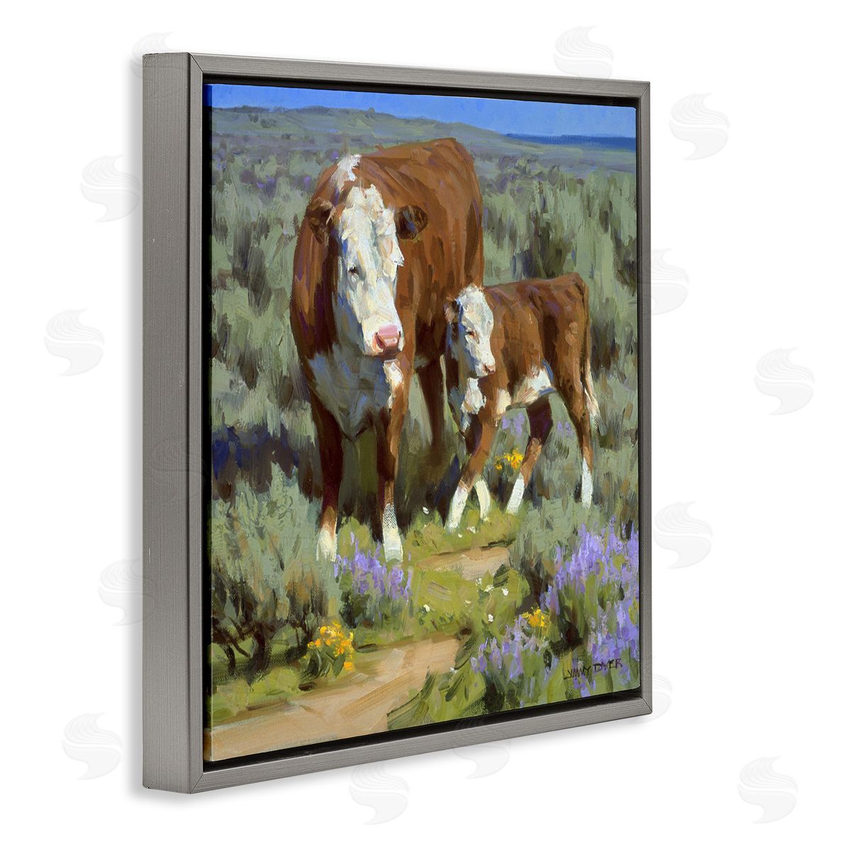 Jimmy Dyer Cattle In Lush Countryside Pasture Gray Floating Frame Canvas Wall Art Print