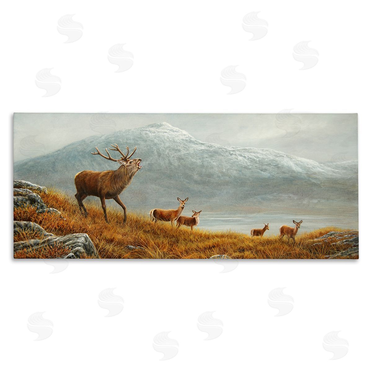 Jeremy Paul Deer Herd Mountain Landscape Stretched Canvas Wall Art Print