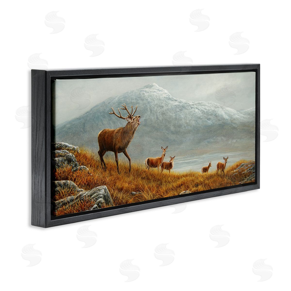 Jeremy Paul Deer Herd Mountain Landscape Black Floating Frame Canvas Wall Art Print