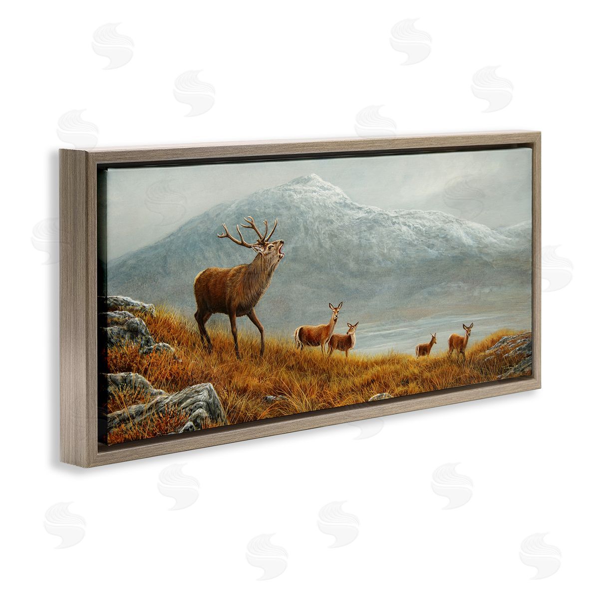 Jeremy Paul Deer Herd Mountain Landscape Brown Floating Frame Canvas Wall Art Print