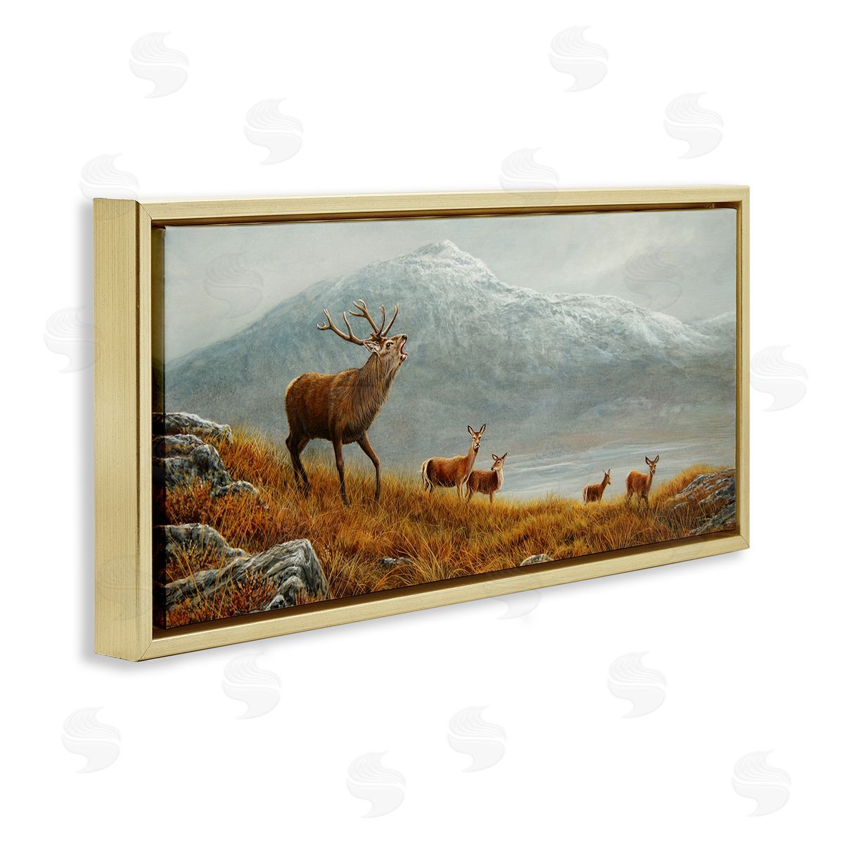 Jeremy Paul Deer Herd Mountain Landscape Gold Floating Frame Canvas Wall Art Print