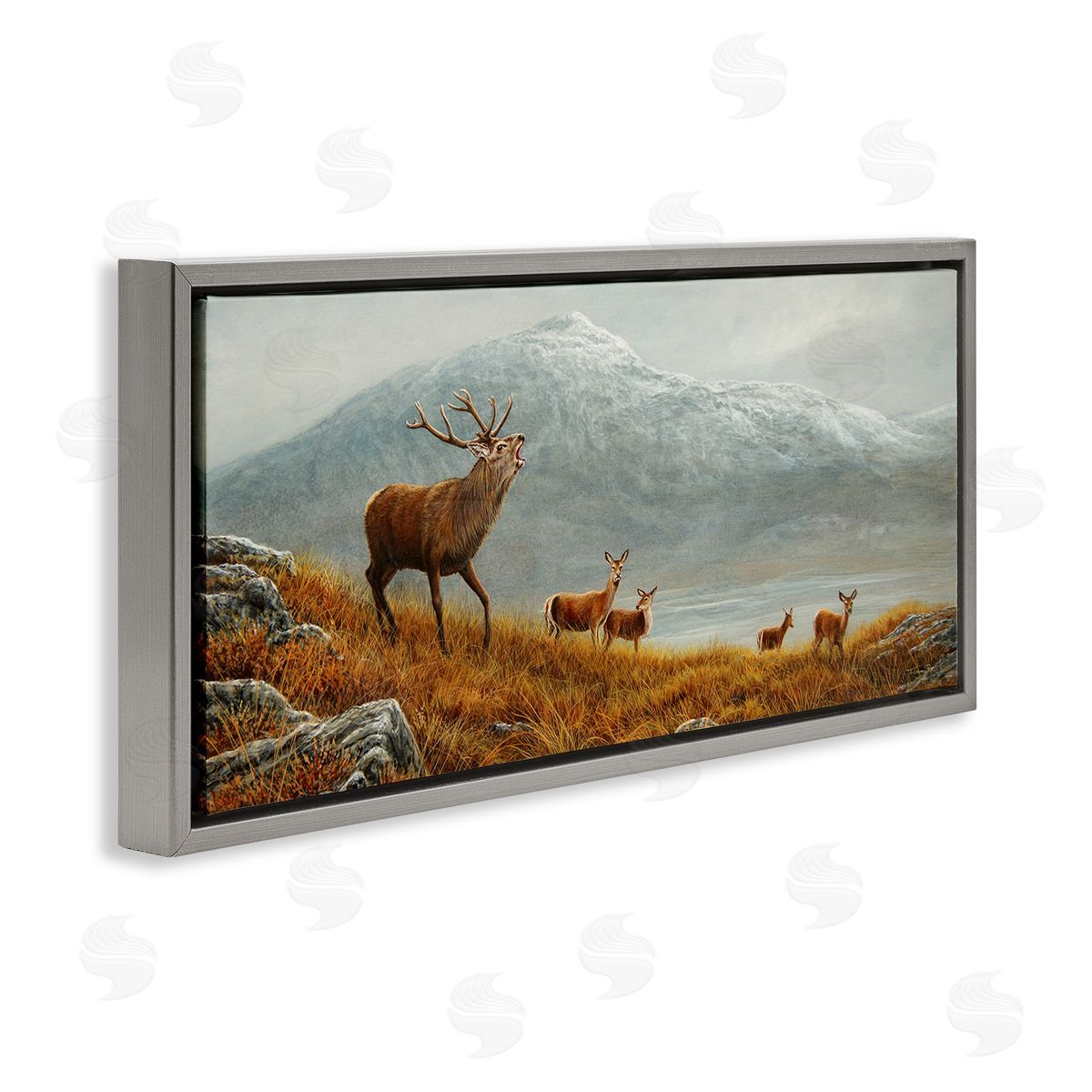 Jeremy Paul Deer Herd Mountain Landscape Gray Floating Frame Canvas Wall Art Print
