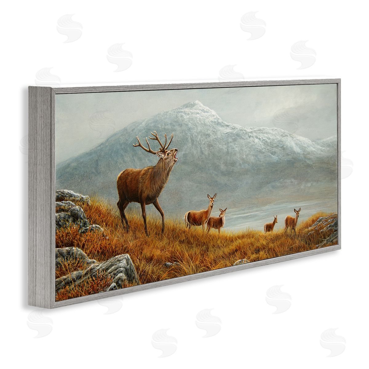 Jeremy Paul Deer Herd Mountain Landscape Gray Framed Glicee Wall Art Print