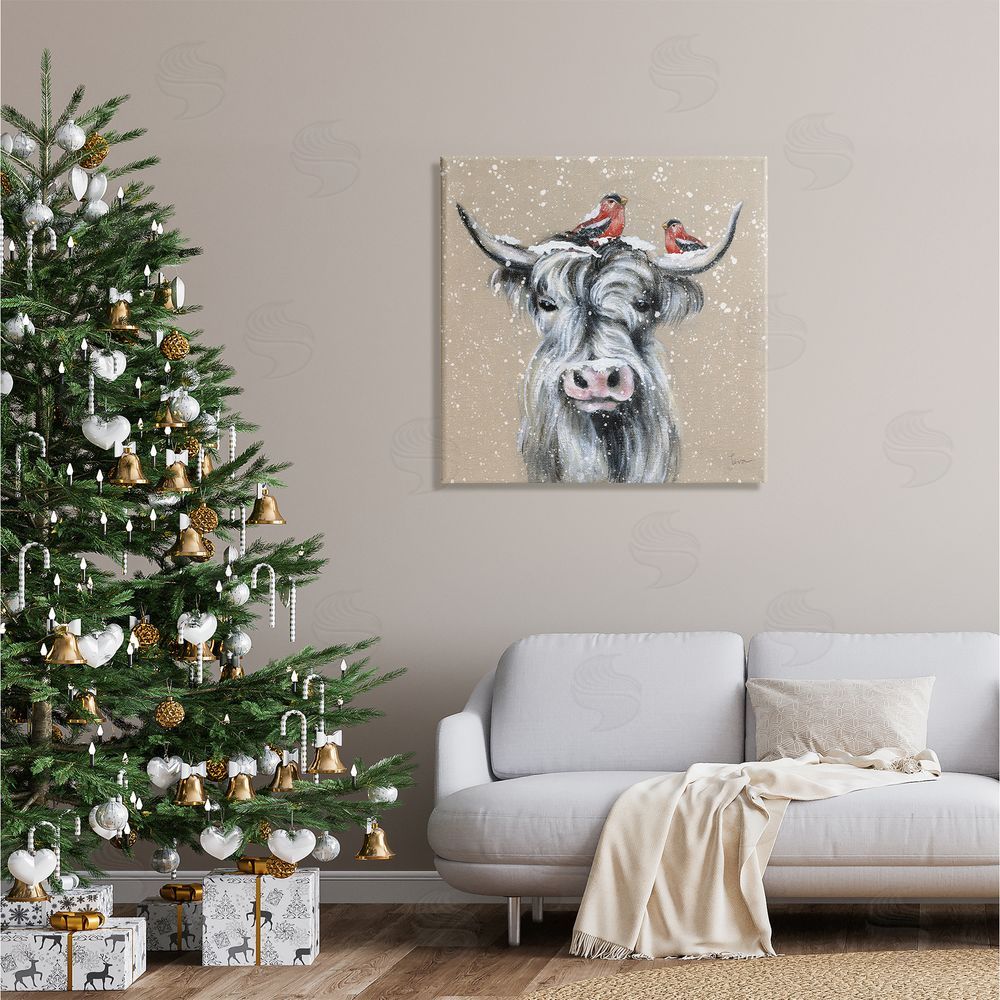 Janet Tava Snowy Cattle & Birds Farmhouse Canvas Wall Art in Room