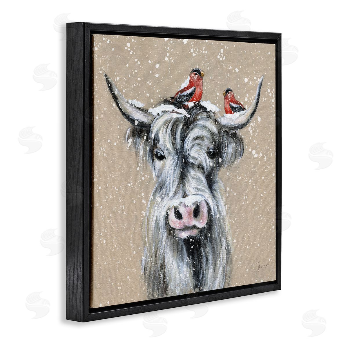 Janet Tava Snowy Cattle & Birds Farmhouse Black Floating Frame Canvas Wall Art Print