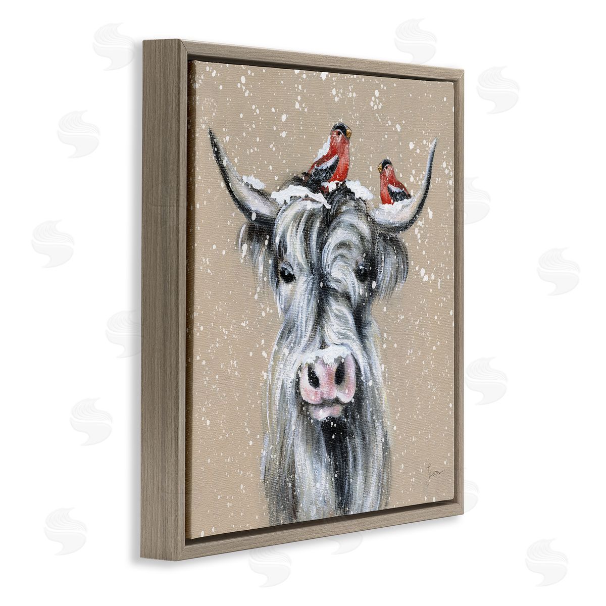 Janet Tava Snowy Cattle & Birds Farmhouse Brown Floating Frame Canvas Wall Art Print